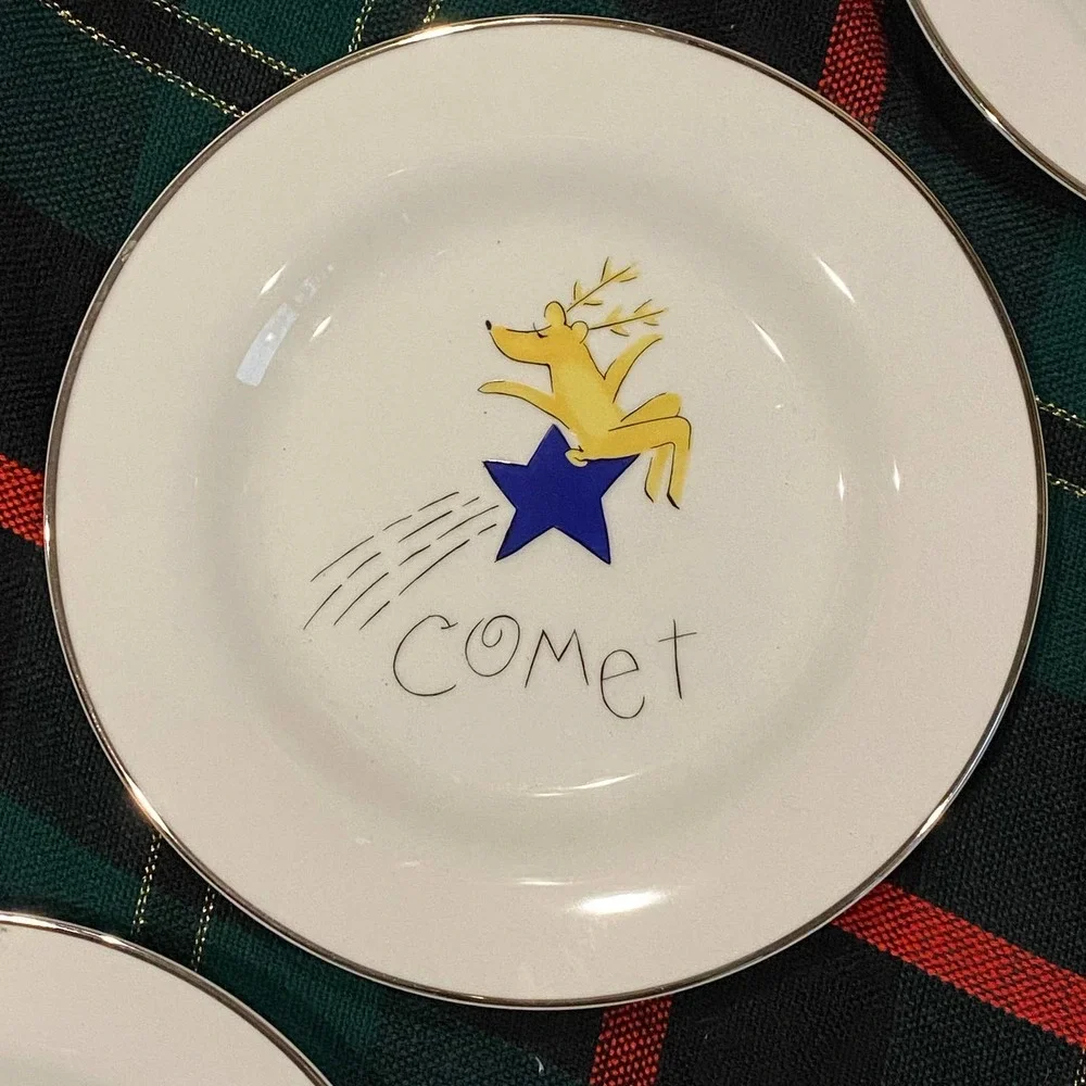 Pottery Barn REINDEER COMET Salad Plates 8-1/2” White‎ Porcelain MINT!
